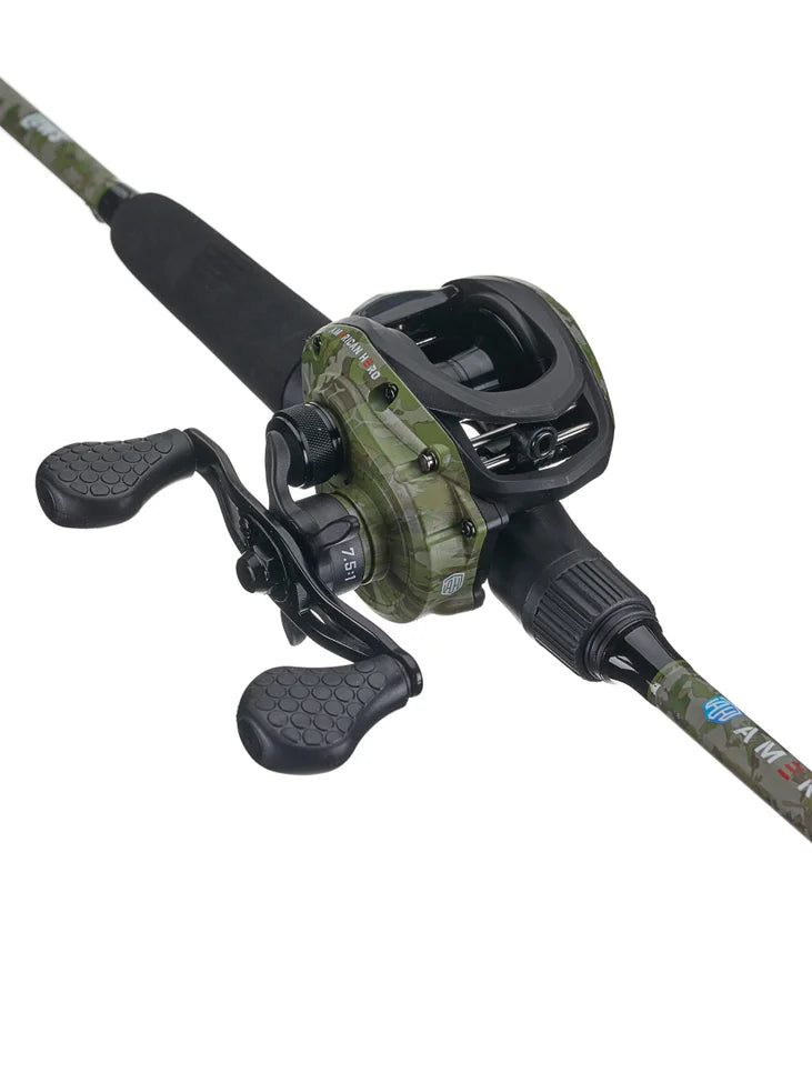 camo baitcaster combo ProFISHiency Retro Baitcast Combat Grip thumb bar American Hero Lews Saltwater Baitcaster